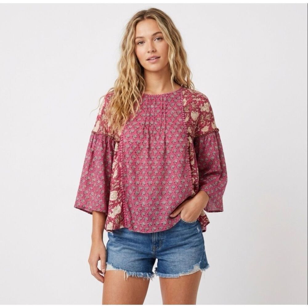 Rachel Zoe Pink Floral Block Print Peasant Top Medium Boho Pom Trim Cottagecore